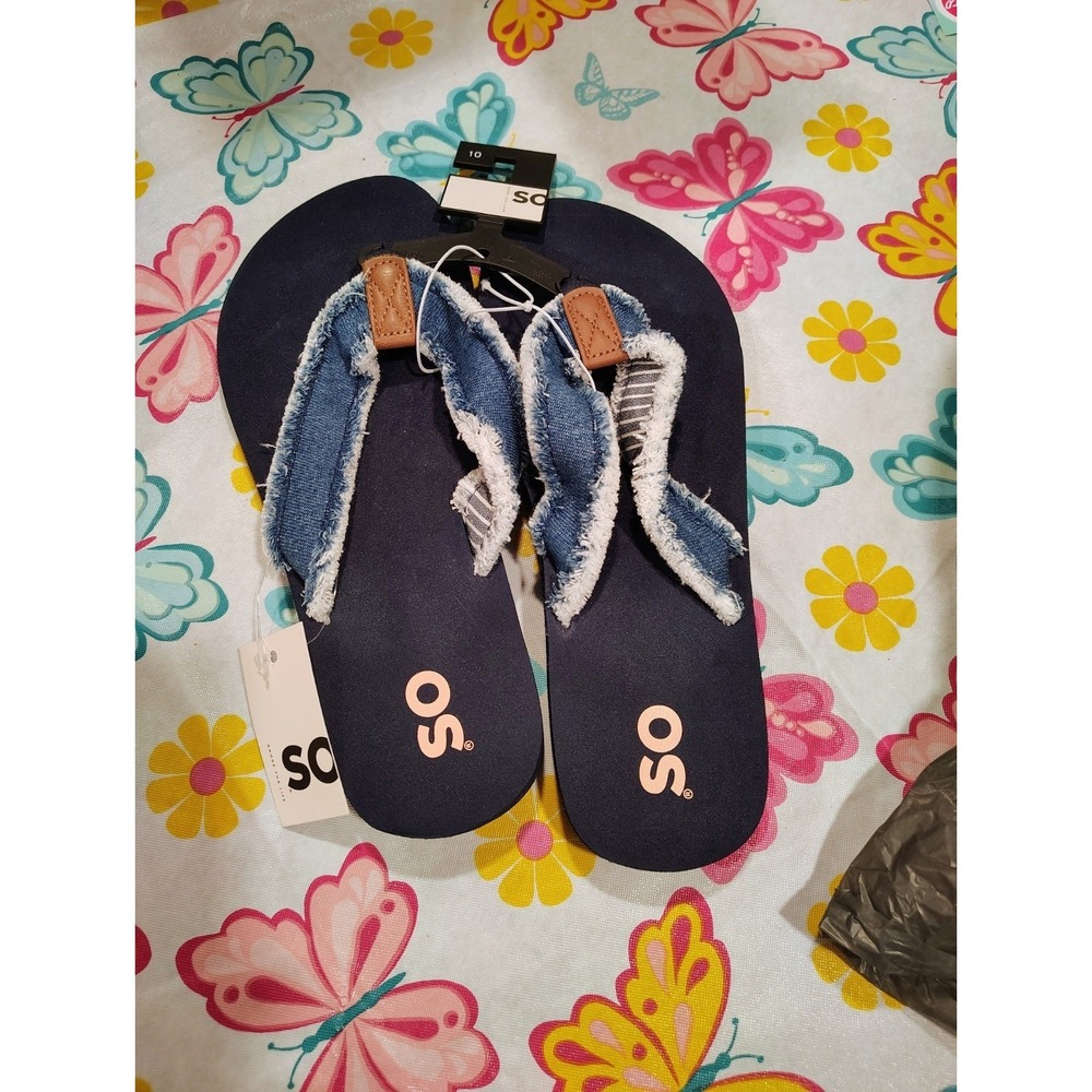 SO Womens Navy Blue Denim Frayed Thong Flip Flops Sandals Size 10 NEW